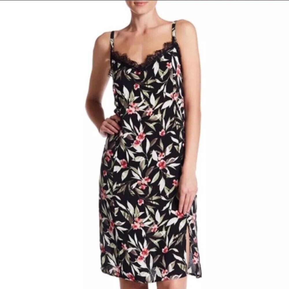 Bobeau Floral Slip Dress Black Pink Lace Trim Spaghetti Strap XL NWT